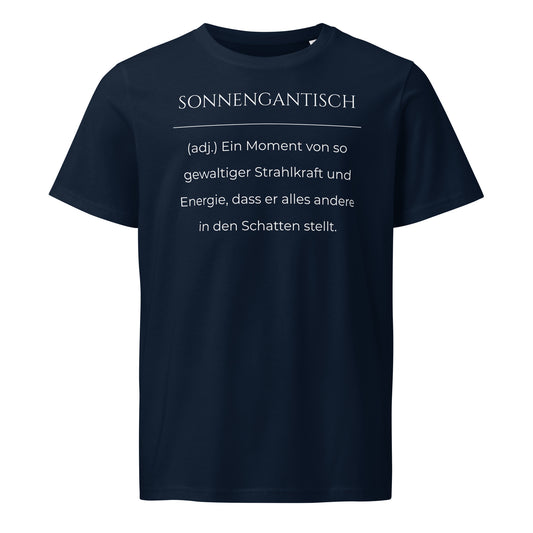 Sonnengantisch T-Shirt in Marineblau aus Bio-Baumwolle - neues Wort für Strahlkraft und Energie - Front - Wortstolz Design