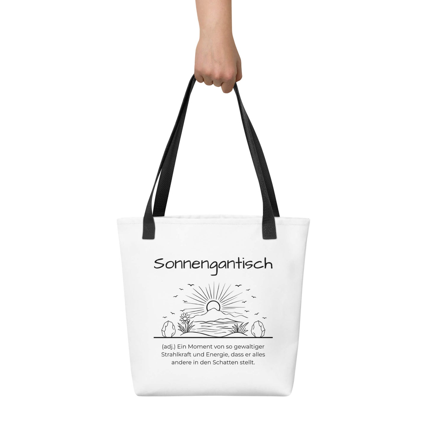 Sonnengantisch - Stofftasche in Black -White aus Polyester und Baumwolle - Premium Edition - Frontansicht haltend in Hand mit schwarzem Print
