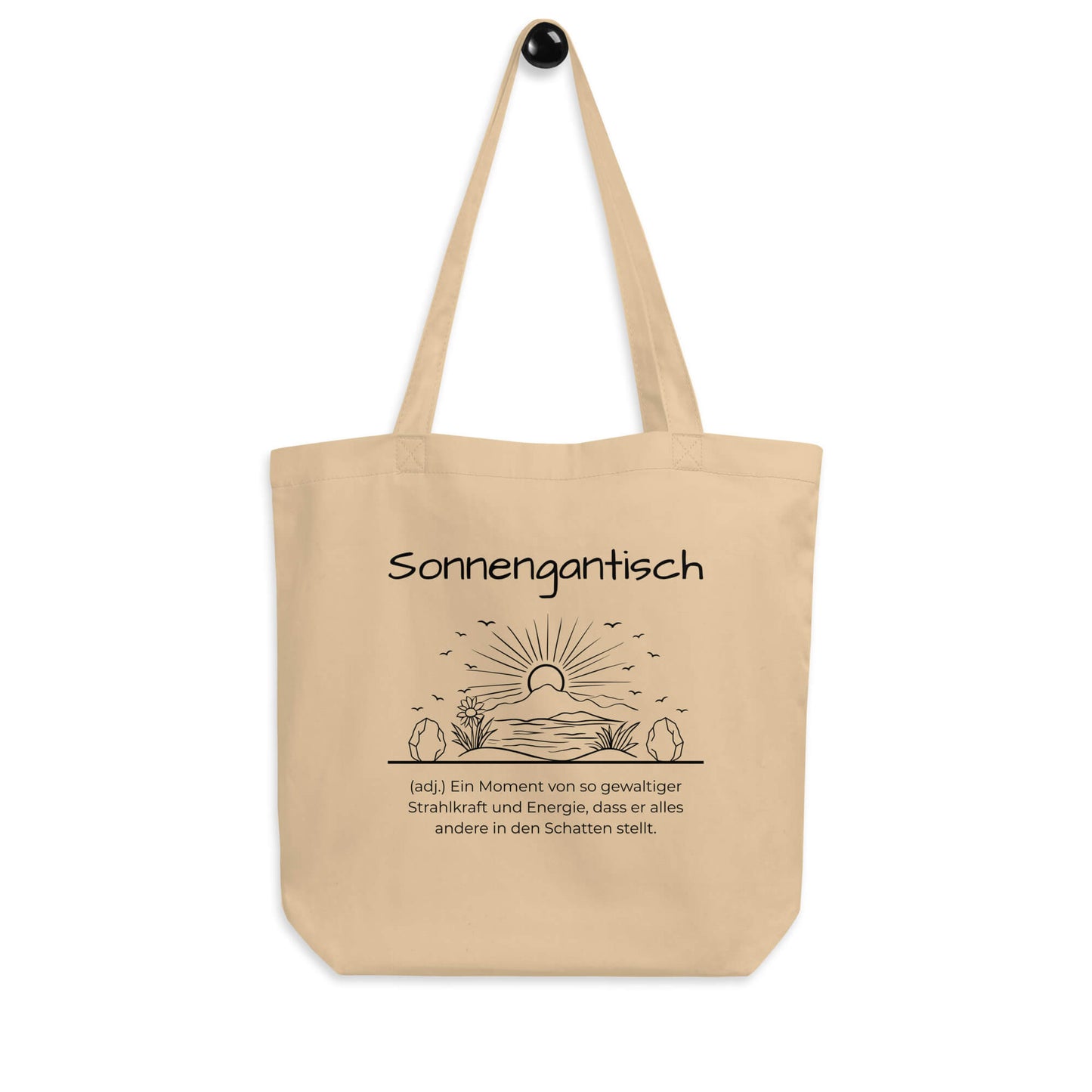 Sonnengantisch Bio-Stoffbeutel. Einkaufstasche in Oyster aus Bio-Baumwolle - Res5 Edition - Frontansicht hängend mit schwarzem Print
