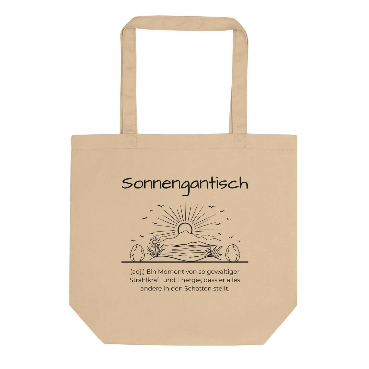 Sonnengantisch Bio-Stoffbeutel. Einkaufstasche in Oyster aus Bio-Baumwolle - Res5 Edition - Frontansichtmit schwarzem Print