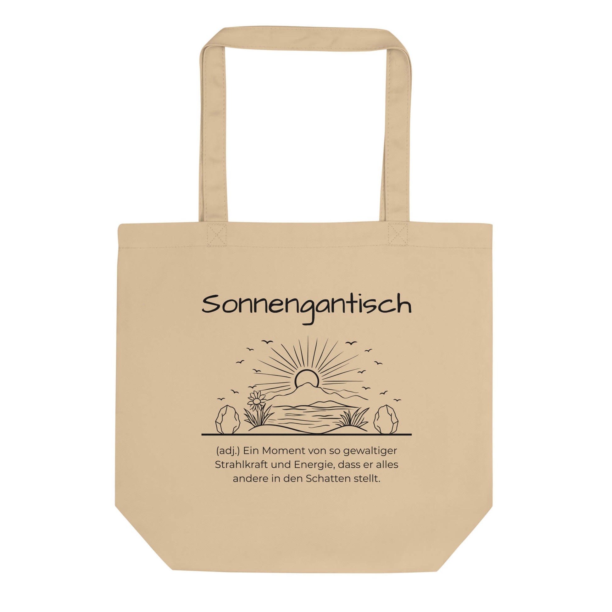 Sonnengantisch Bio-Stoffbeutel. Einkaufstasche in Oyster aus Bio-Baumwolle - Res5 Edition - Frontansichtmit schwarzem Print