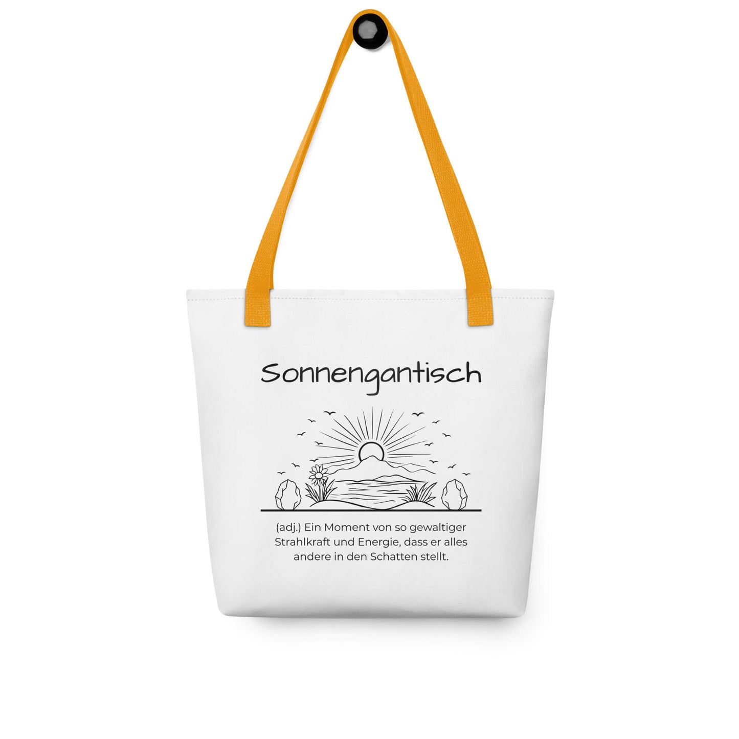 Sonnengantisch - Stofftasche in Yellow -White aus Polyester und Baumwolle - Premium Edition - Frontansicht hängend mit schwarzem Print