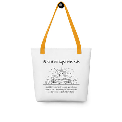 Sonnengantisch - Stofftasche in Yellow -White aus Polyester und Baumwolle - Premium Edition - Frontansicht hängend mit schwarzem Print