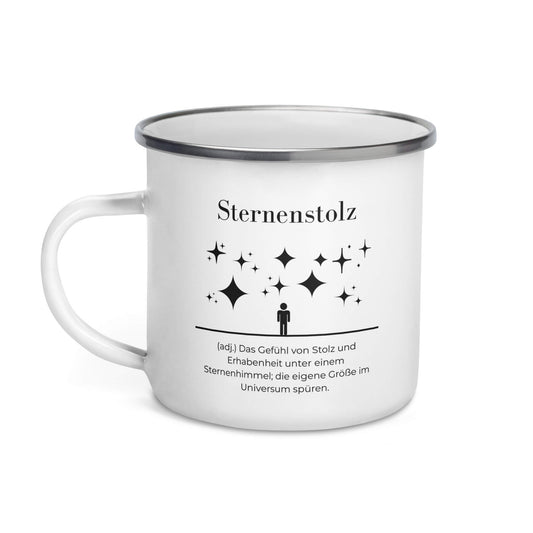 Sternenstolz Emailletasse in Weiß - neues Wort für Größe und Stolz - Front mit Henkel links - Wortstolz Design