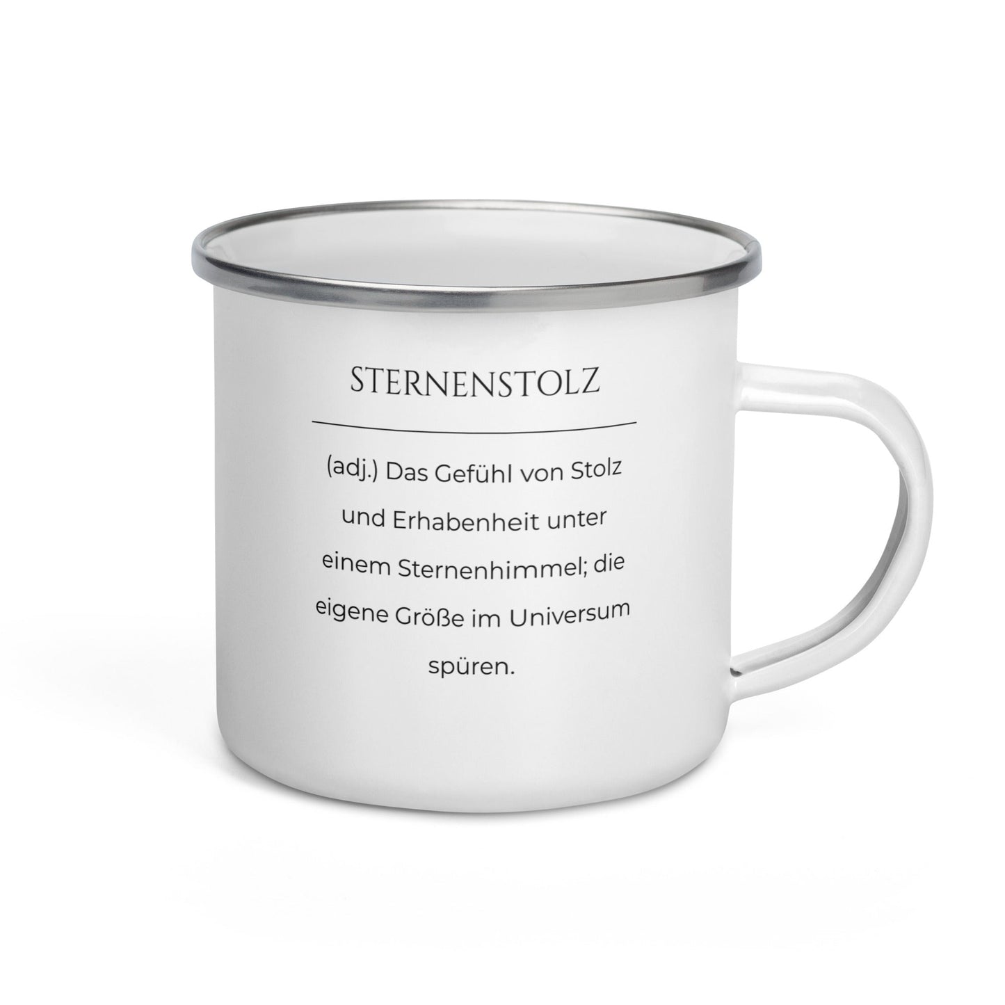 Sternenstolz Emailletasse in Weiß - neues Wort für Größe und Stolz - Front mit Henkel rechts - Wortstolz Design