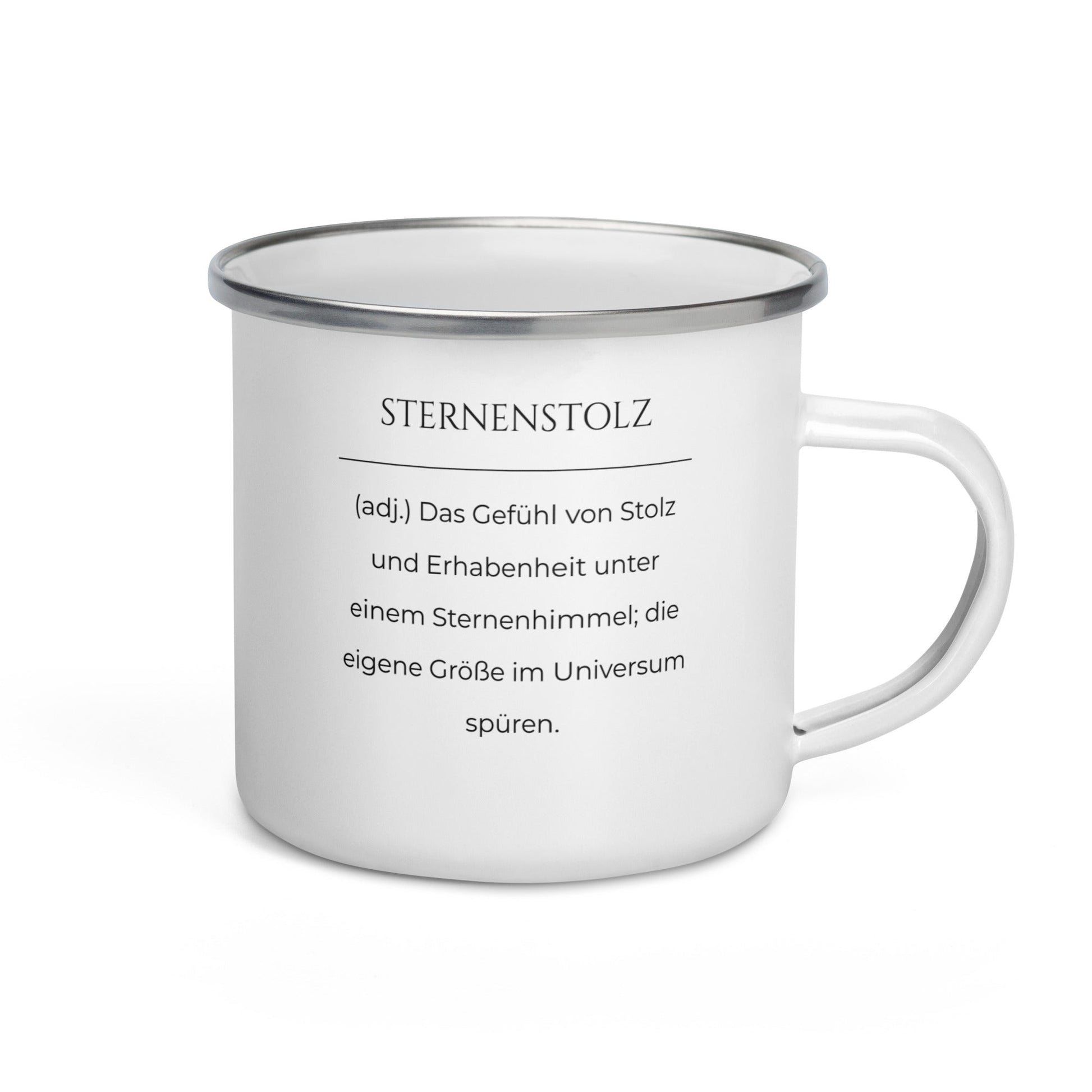 Sternenstolz Emailletasse in Weiß - neues Wort für Größe und Stolz - Front mit Henkel rechts - Wortstolz Design