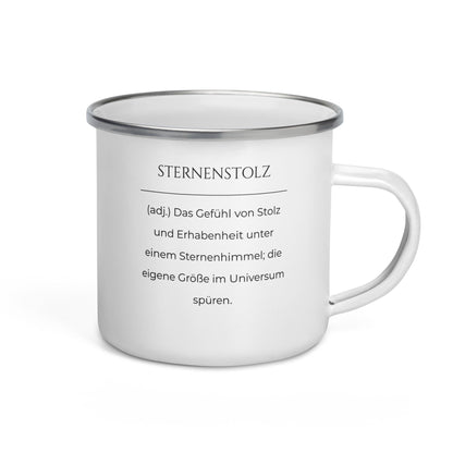 Sternenstolz Emailletasse in Weiß - neues Wort für Größe und Stolz - Front mit Henkel rechts - Wortstolz Design