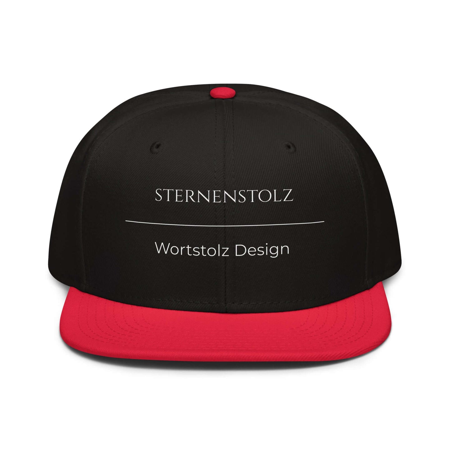Sternenstolz Snapback Cap in Schwarz - Rot aus Acryl-Woll-Mix - neues Wort für Größe und Stolz - Front - Wortstolz Design
