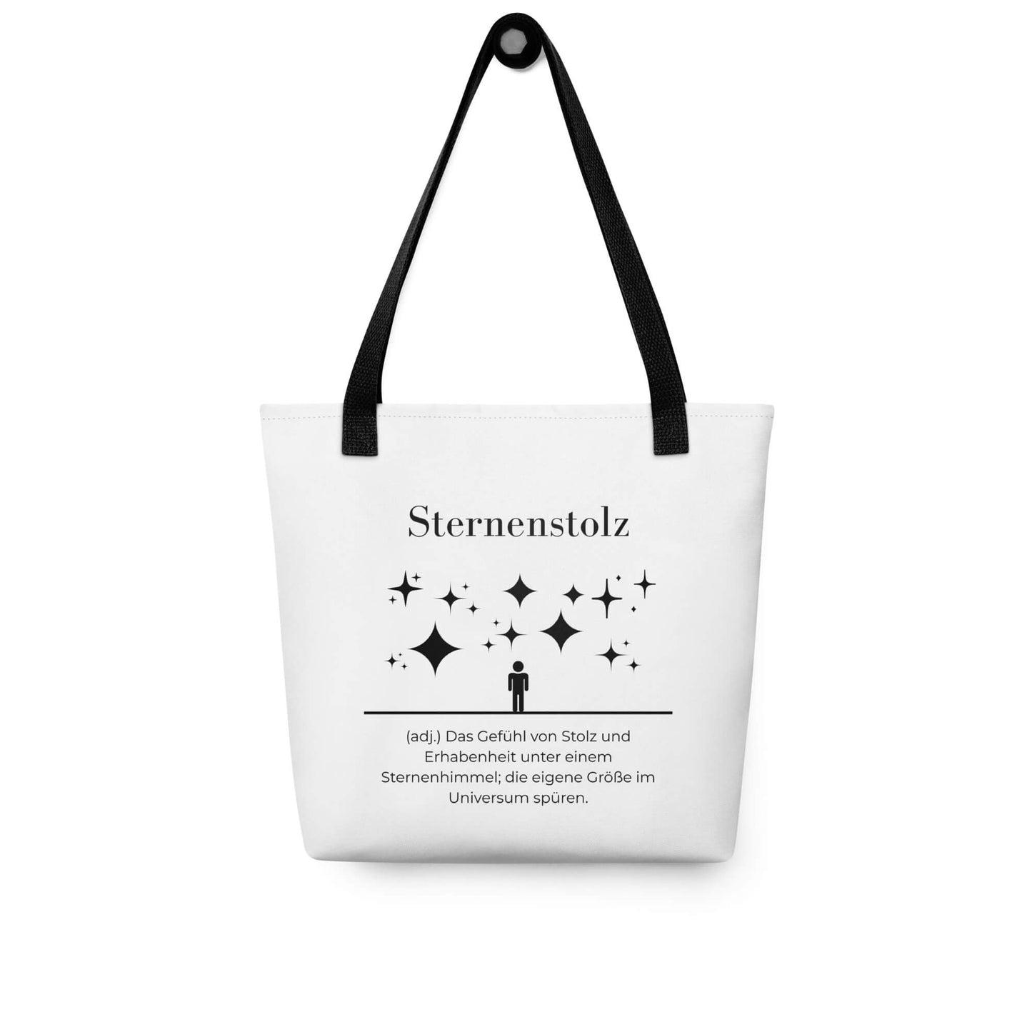 Sternenstolz - Stofftasche in Black -White aus Polyester und Baumwolle - Premium Edition - Frontansicht hängend mit schwarzem Print