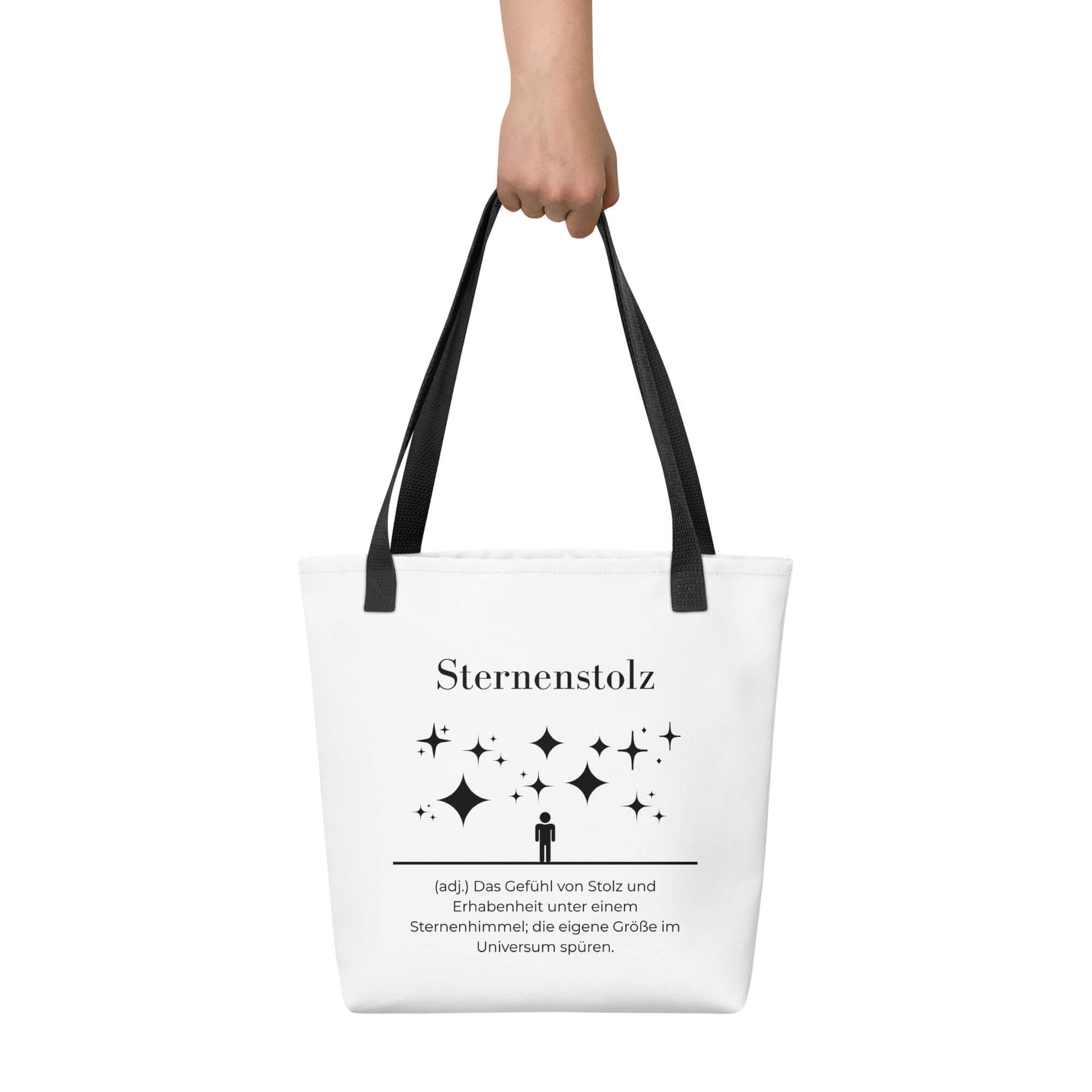 Sternenstolz - Stofftasche in Black -White aus Polyester und Baumwolle - Premium Edition - Frontansicht haltend in Hand mit schwarzem Print