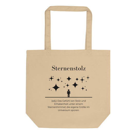 Sternenstolz Bio-Stoffbeutel. Einkaufstasche in Oyster aus Bio-Baumwolle - Res5 Edition - Frontansichtmit schwarzem Print