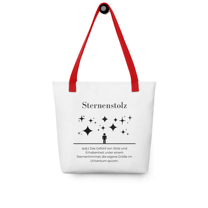 Sternenstolz - Stofftasche in Red -White aus Polyester und Baumwolle - Premium Edition - Frontansicht hängend mit schwarzem Print
