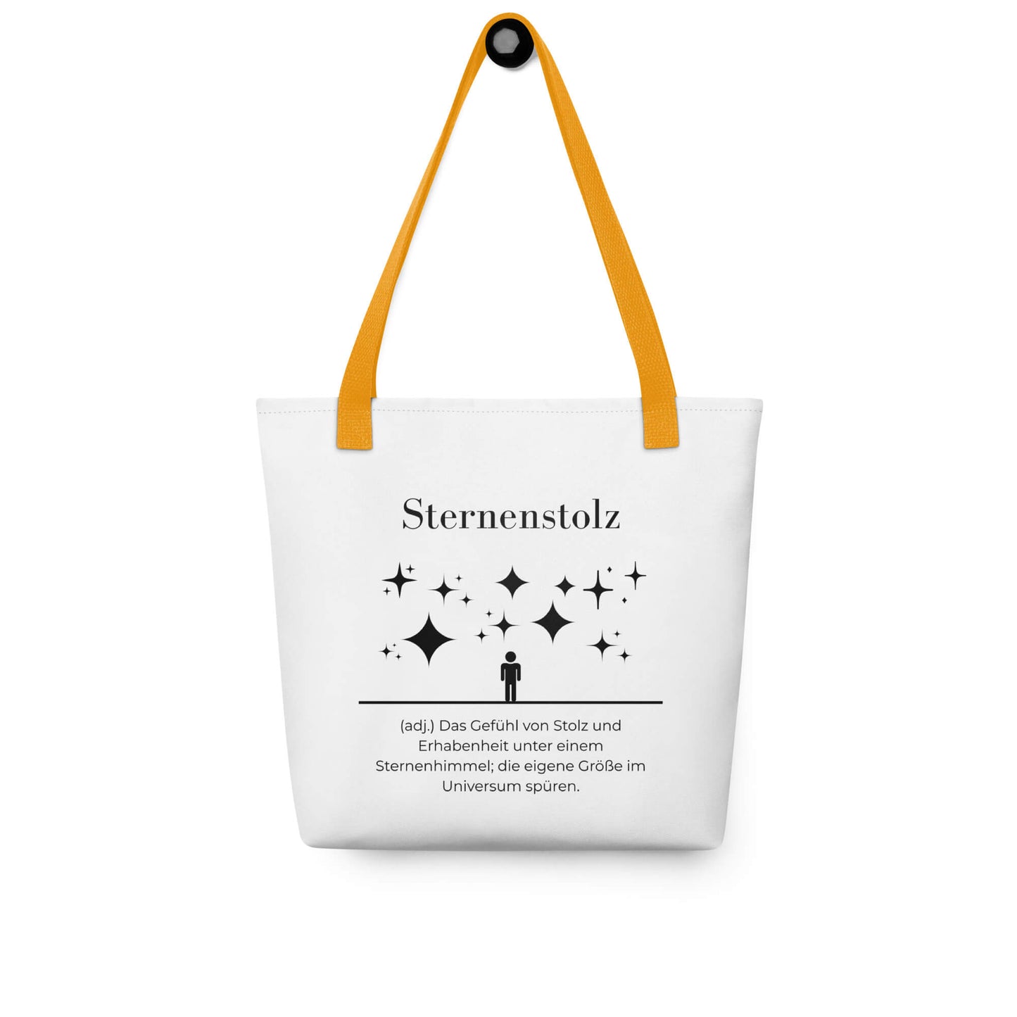 Sternenstolz - Stofftasche in Yellow -White aus Polyester und Baumwolle - Premium Edition - Frontansicht hängend mit schwarzem Print