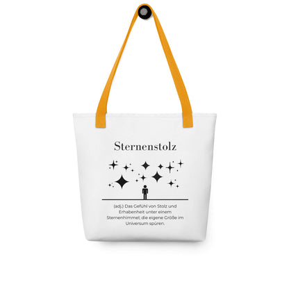 Sternenstolz - Stofftasche in Yellow -White aus Polyester und Baumwolle - Premium Edition - Frontansicht hängend mit schwarzem Print