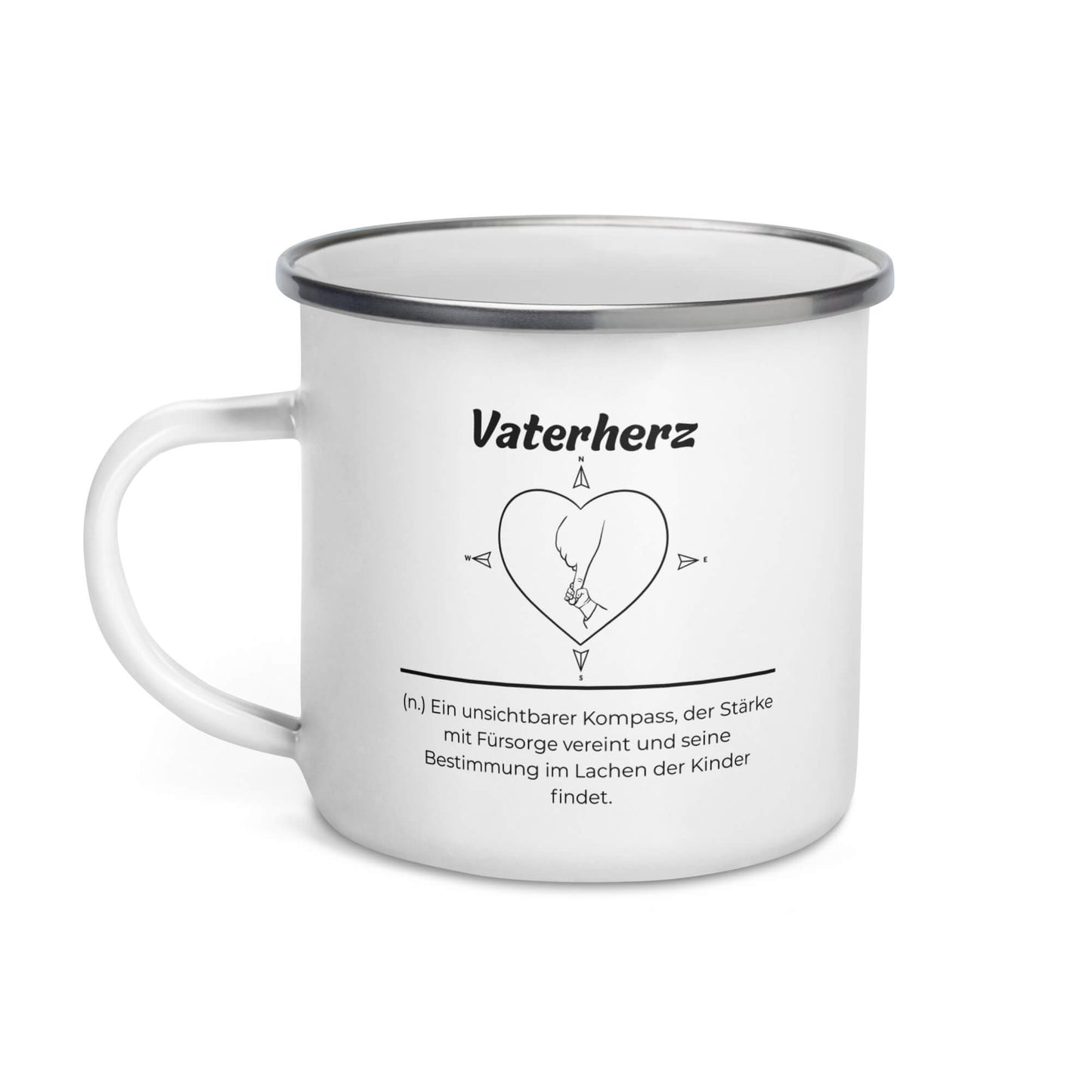 Geschenk Tasse - Vaterherz Emailletasse in Weiß - Premium Edition  - Frontansicht mit schwarzem Print - Henkel links