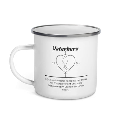 Geschenk Tasse - Vaterherz Emailletasse in Weiß - Premium Edition  - Frontansicht mit schwarzem Print - Henkel links