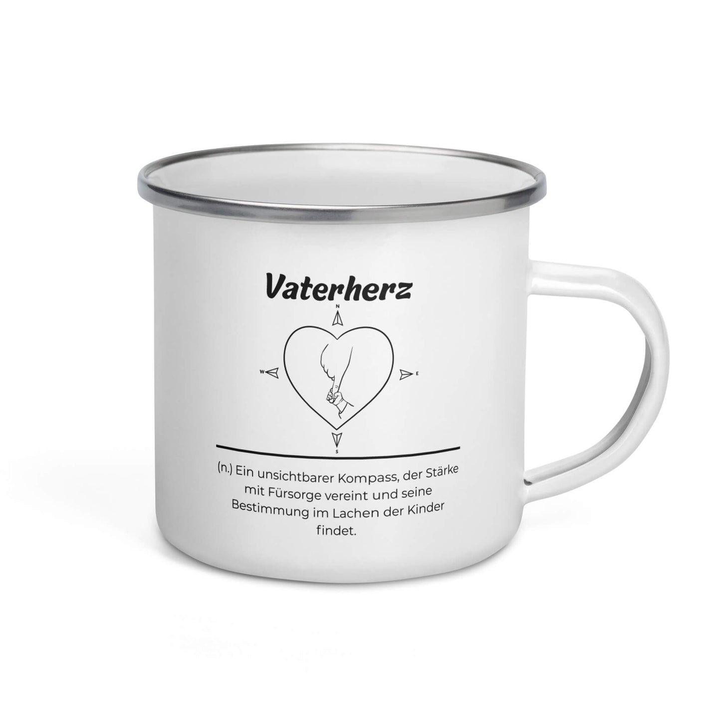 Geschenk Tasse - Vaterherz Emailletasse in Weiß - Premium Edition  - Frontansicht mit schwarzem Print - Henkel rechts