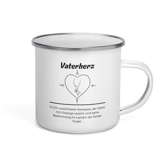 Geschenk Tasse - Vaterherz Emailletasse in Weiß - Premium Edition  - Frontansicht mit schwarzem Print - Henkel rechts