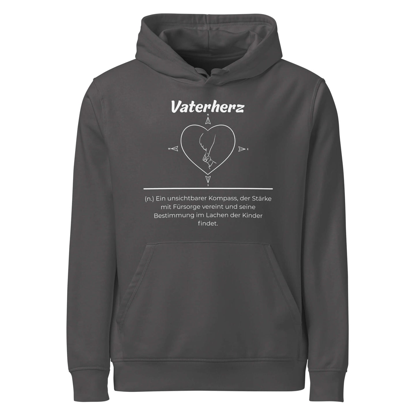 Geschenk Hoodie - Vaterherz Kapuzenpullover in Anthracite aus Bio-Baumwolle - Res5 Edition - Frontansicht mit weißem Print