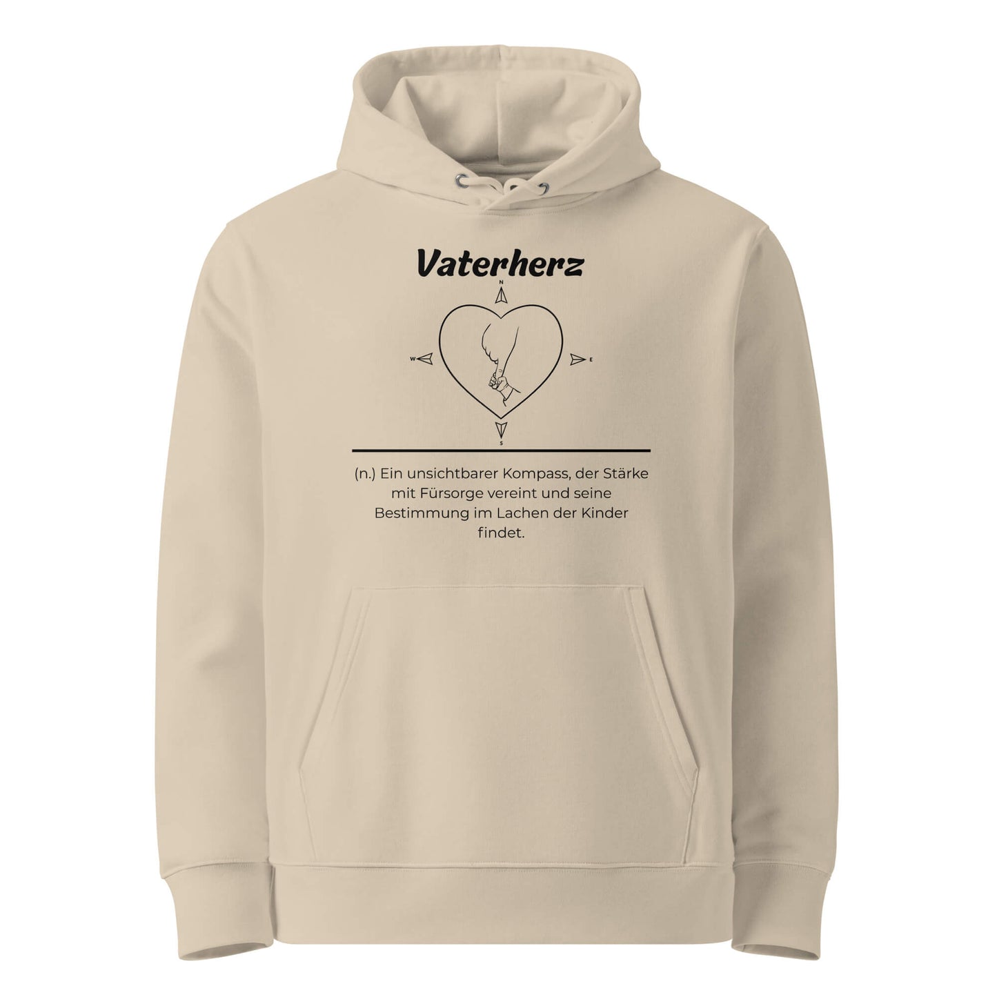 Geschenk Hoodie - Vaterherz Kapuzenpullover in Desert Dust aus Bio-Baumwolle - Premium Edition - Frontansicht mit weißem Print