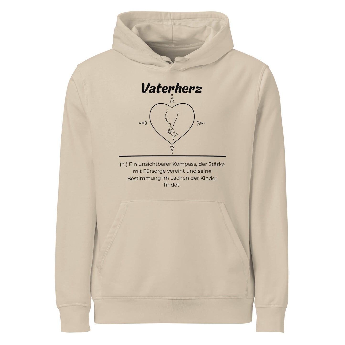 Geschenk Hoodie - Vaterherz Kapuzenpullover in Desert Dust aus Bio-Baumwolle - Res5 Edition - Frontansicht mit weißem Print