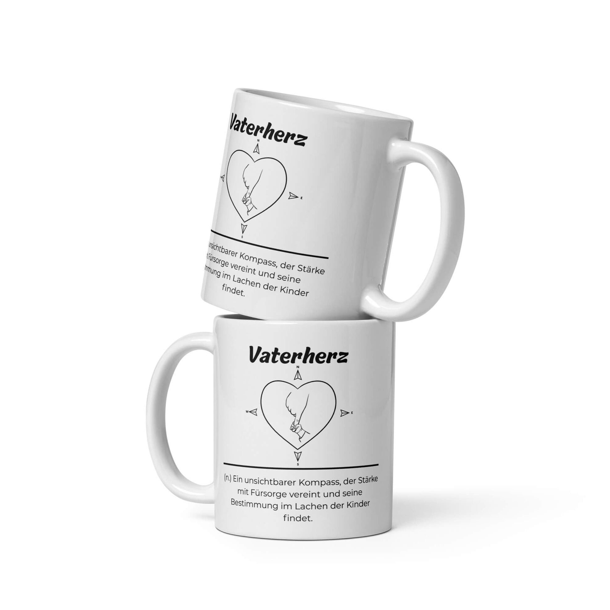 Geschenk Tasse - Vaterherz Keramiktasse in Weiß - Res5 Edition  - Zwei Tassen mit schwarzem Print - Henkel rechts und links