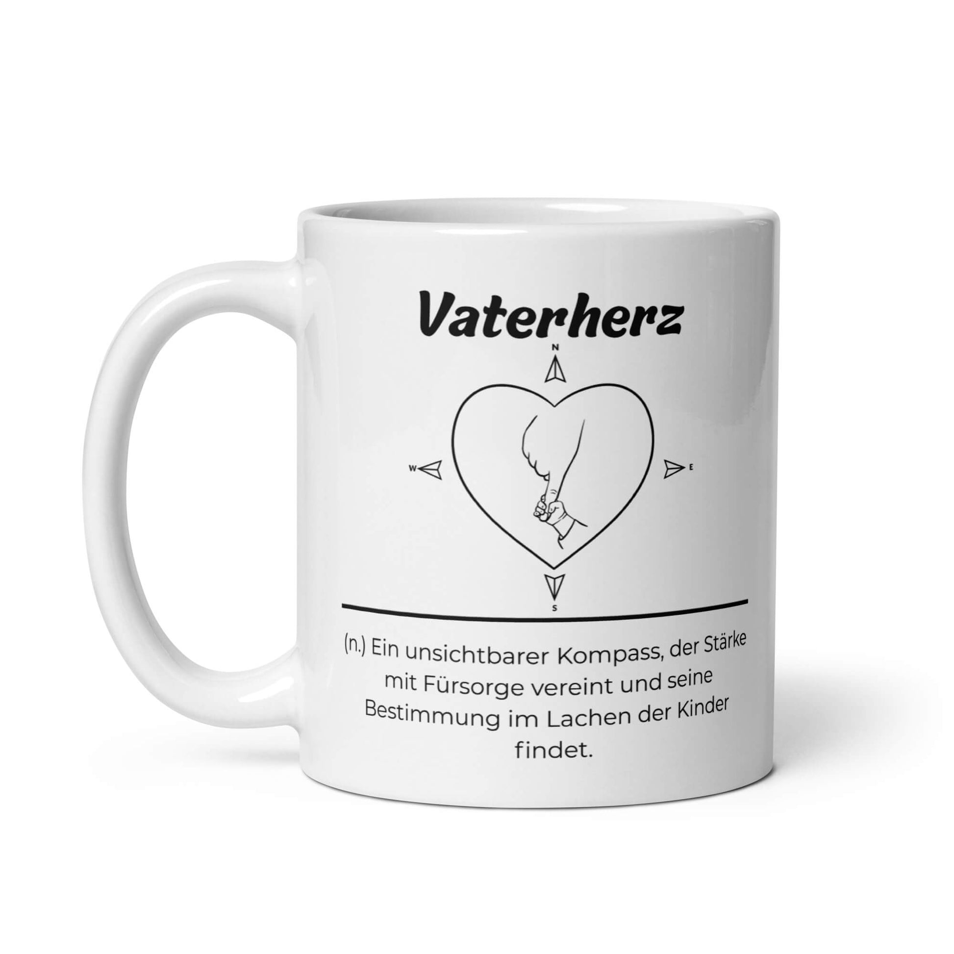 Geschenk Tasse - Vaterherz Keramiktasse in Weiß - Res5 Edition  - Frontansicht mit schwarzem Print - Henkel links