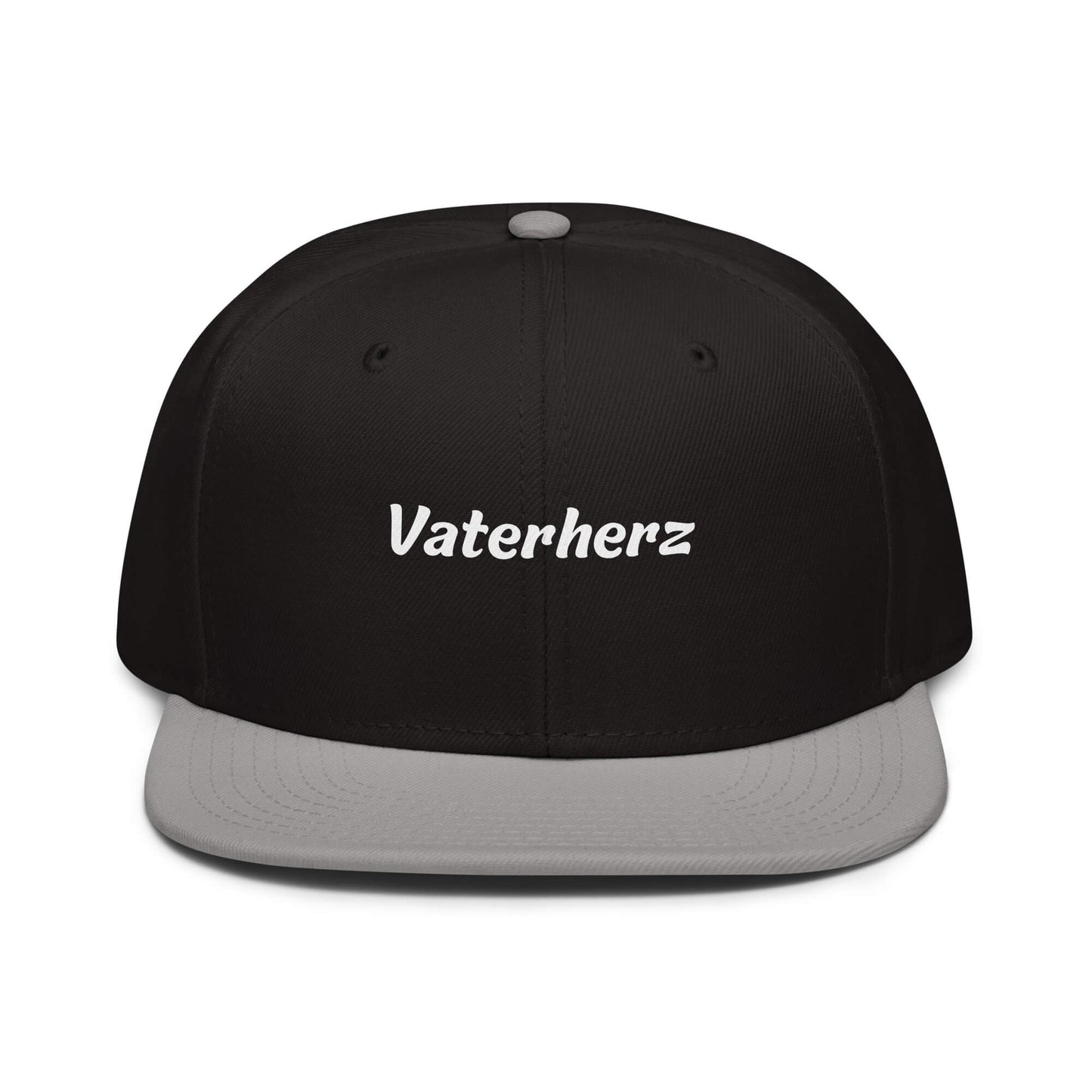 Geschenk Cap - Vaterherz Snapback Cap in Schwarz-Grau - Res5 Edition - mit weißem Print - Frontansicht