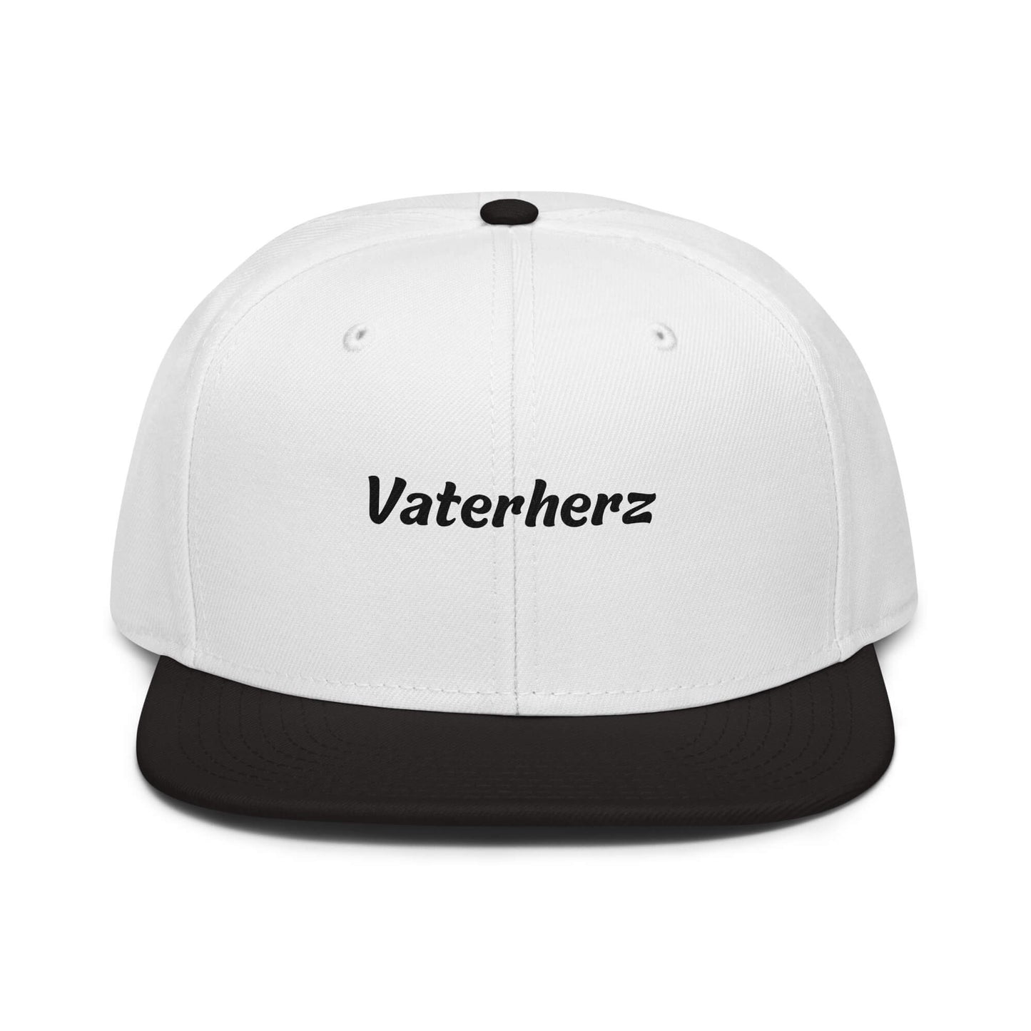 Geschenk Cap - Vaterherz Snapback Cap in Weiß-Schwarz - Res5 Edition - mit schwarzem Print - Frontansicht