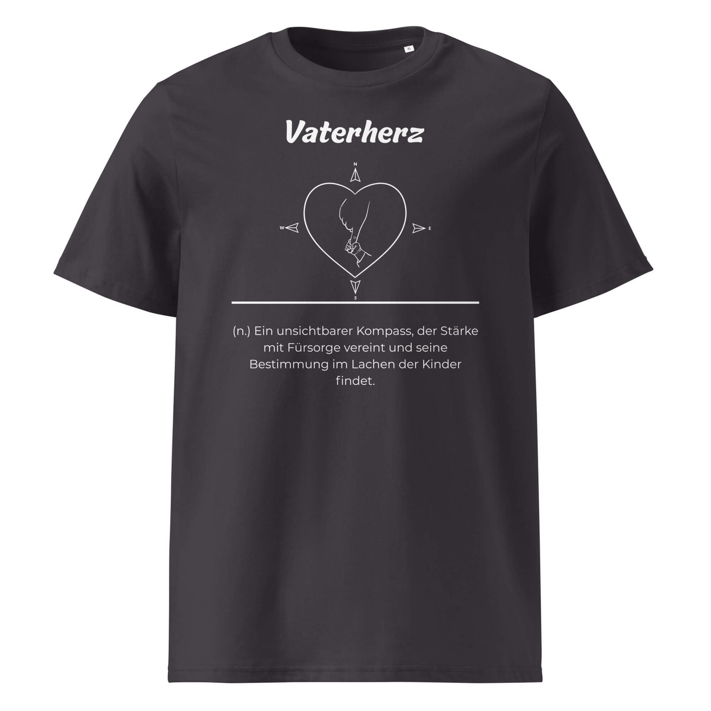 Geschenk T-Shirt - Vaterherz T-Shirt in Anthracite aus 180/m² Bio-Baumwolle, Premium Edition, Frontansicht mit weißem Print