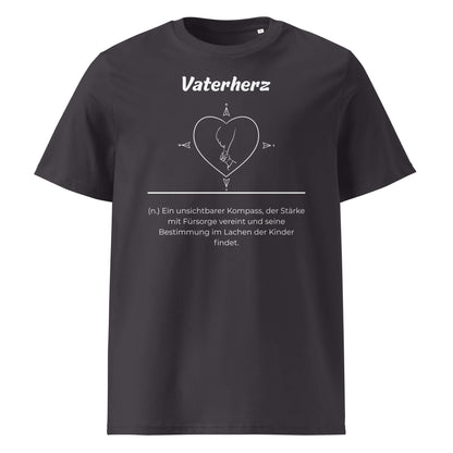 Geschenk T-Shirt - Vaterherz T-Shirt in Anthracite aus 180/m² Bio-Baumwolle, Premium Edition, Frontansicht mit weißem Print