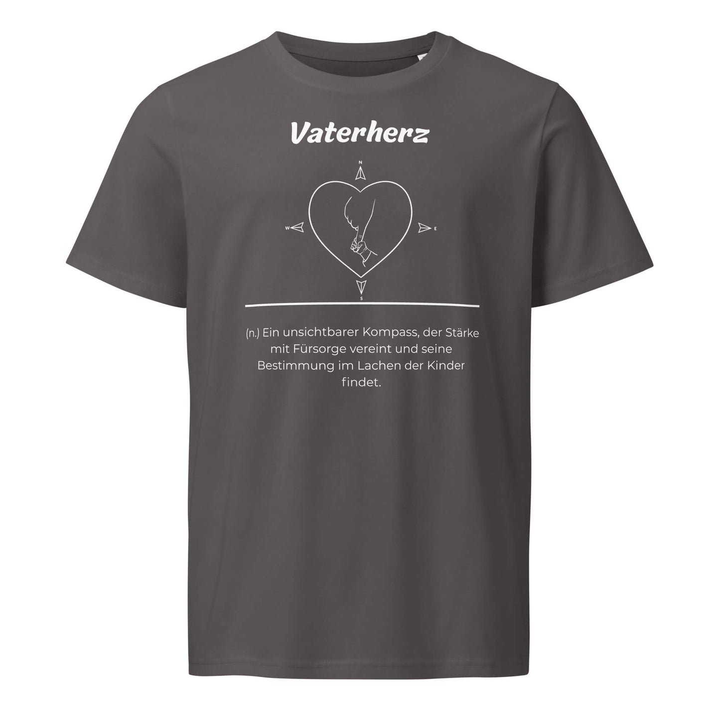 Geschenk T-Shirt - Vaterherz T-Shirt in Anthracite aus 155g/m² Bio-Baumwolle, Res5 Edition, Frontansicht mit weißem Print