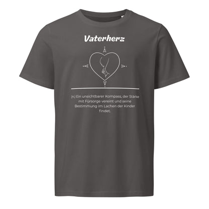 Geschenk T-Shirt - Vaterherz T-Shirt in Anthracite aus 155g/m² Bio-Baumwolle, Res5 Edition, Frontansicht mit weißem Print