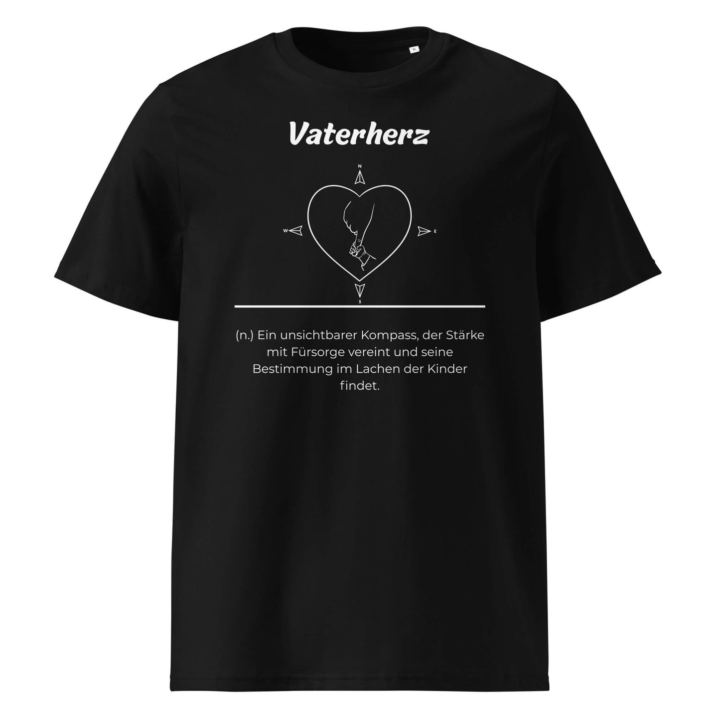 Geschenk T-Shirt - Vaterherz T-Shirt in Black aus 180/m² Bio-Baumwolle, Premium Edition, Frontansicht mit weißem Print