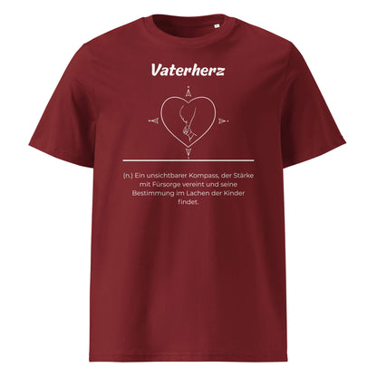 Geschenk T-Shirt - Vaterherz T-Shirt in Burgundy aus 180/m² Bio-Baumwolle, Premium Edition, Frontansicht mit weißem Print