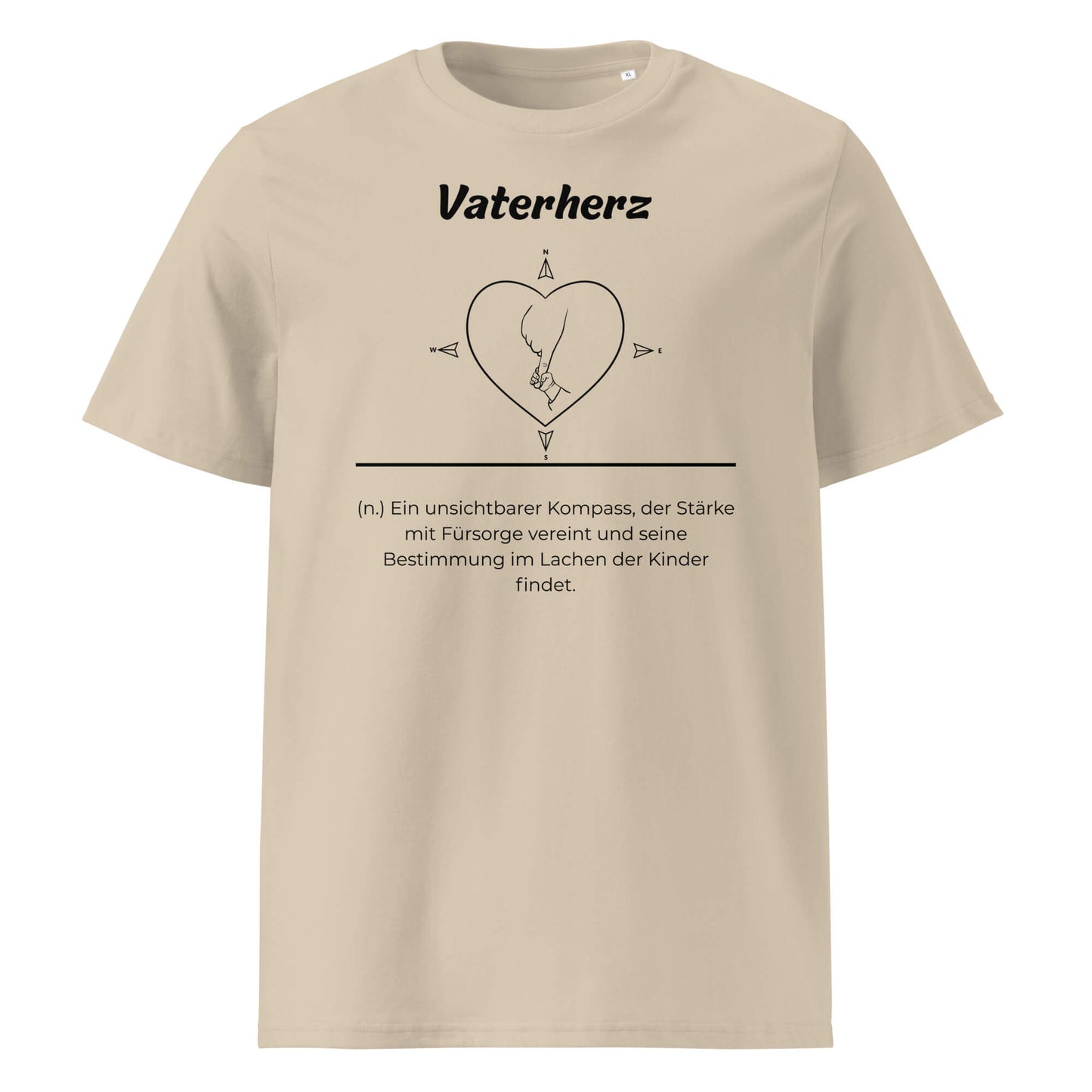 Geschenk T-Shirt - Vaterherz T-Shirt in Desert Dust aus 180/m² Bio-Baumwolle, Premium Edition, Frontansicht mit weißem Print