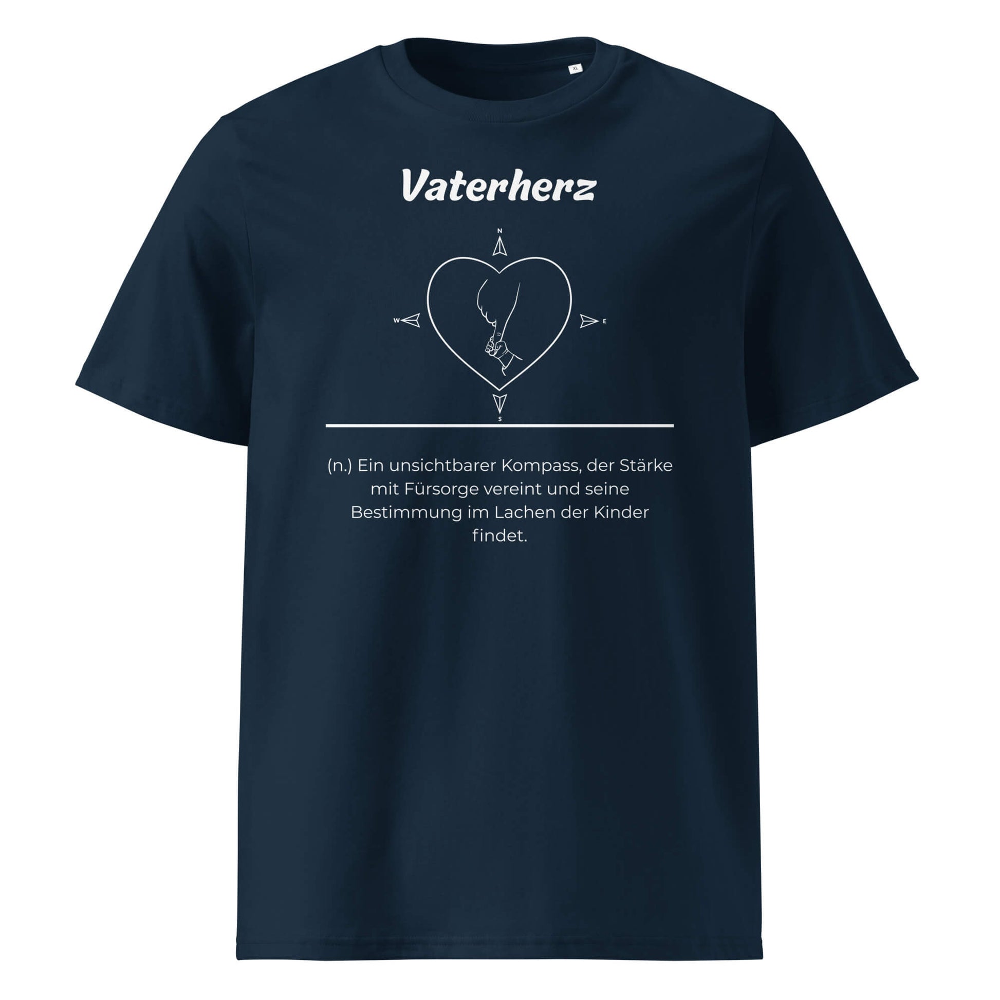 Geschenk T-Shirt - Vaterherz T-Shirt in French Navy aus 180/m² Bio-Baumwolle, Premium Edition, Frontansicht mit weißem Print