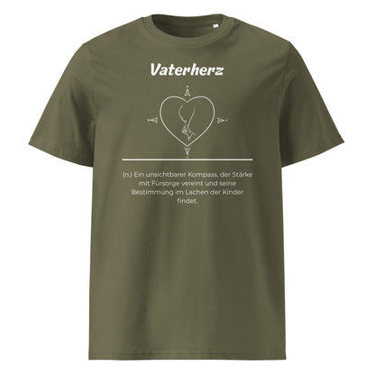 Geschenk T-Shirt - Vaterherz T-Shirt in Khaki aus 180/m² Bio-Baumwolle, Premium Edition, Frontansicht mit weißem Print