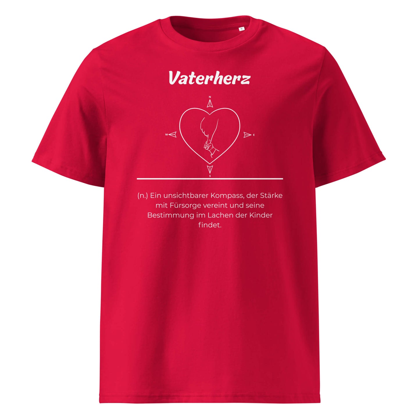 Geschenk T-Shirt - Vaterherz T-Shirt in Red aus 180/m² Bio-Baumwolle, Premium Edition, Frontansicht mit weißem Print