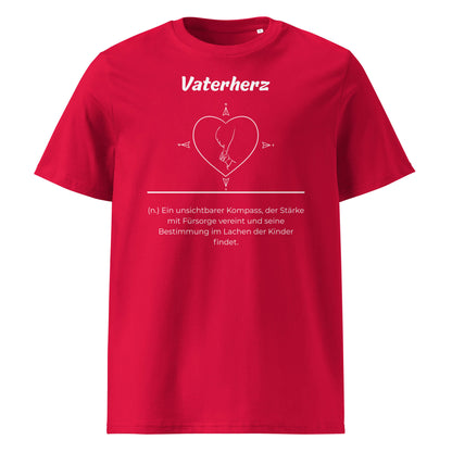 Geschenk T-Shirt - Vaterherz T-Shirt in Red aus 180/m² Bio-Baumwolle, Premium Edition, Frontansicht mit weißem Print