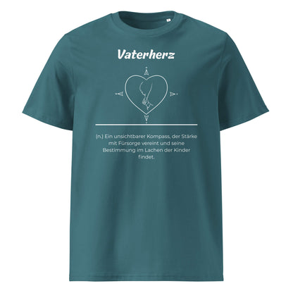 Geschenk T-Shirt - Vaterherz T-Shirt in Stargazer aus 180/m² Bio-Baumwolle, Premium Edition, Frontansicht mit weißem Print