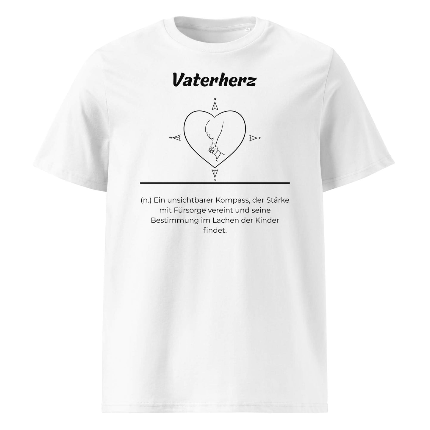 Geschenk T-Shirt - Vaterherz T-Shirt in Weiß aus 180/m² Bio-Baumwolle, Premium Edition, Frontansicht mit schwarzem Print