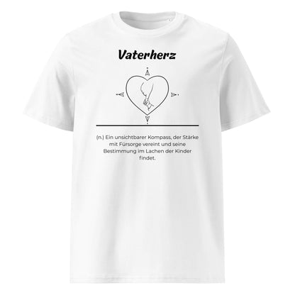 Geschenk T-Shirt - Vaterherz T-Shirt in Weiß aus 180/m² Bio-Baumwolle, Premium Edition, Frontansicht mit schwarzem Print