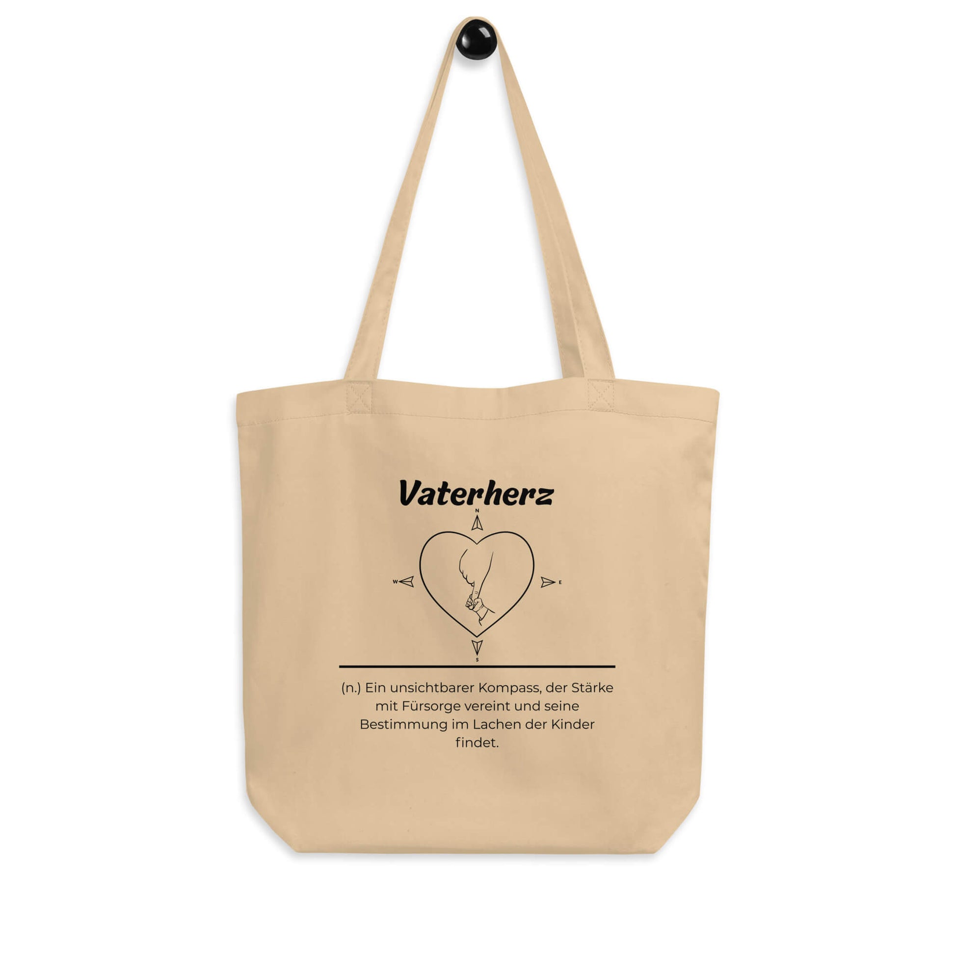 Geschenk Einkaufstasche - Vaterherz Tasche in Khaki aus Bio-Baumwolle - Res5 Edition - Frontansicht hängend mit schwarzem Print