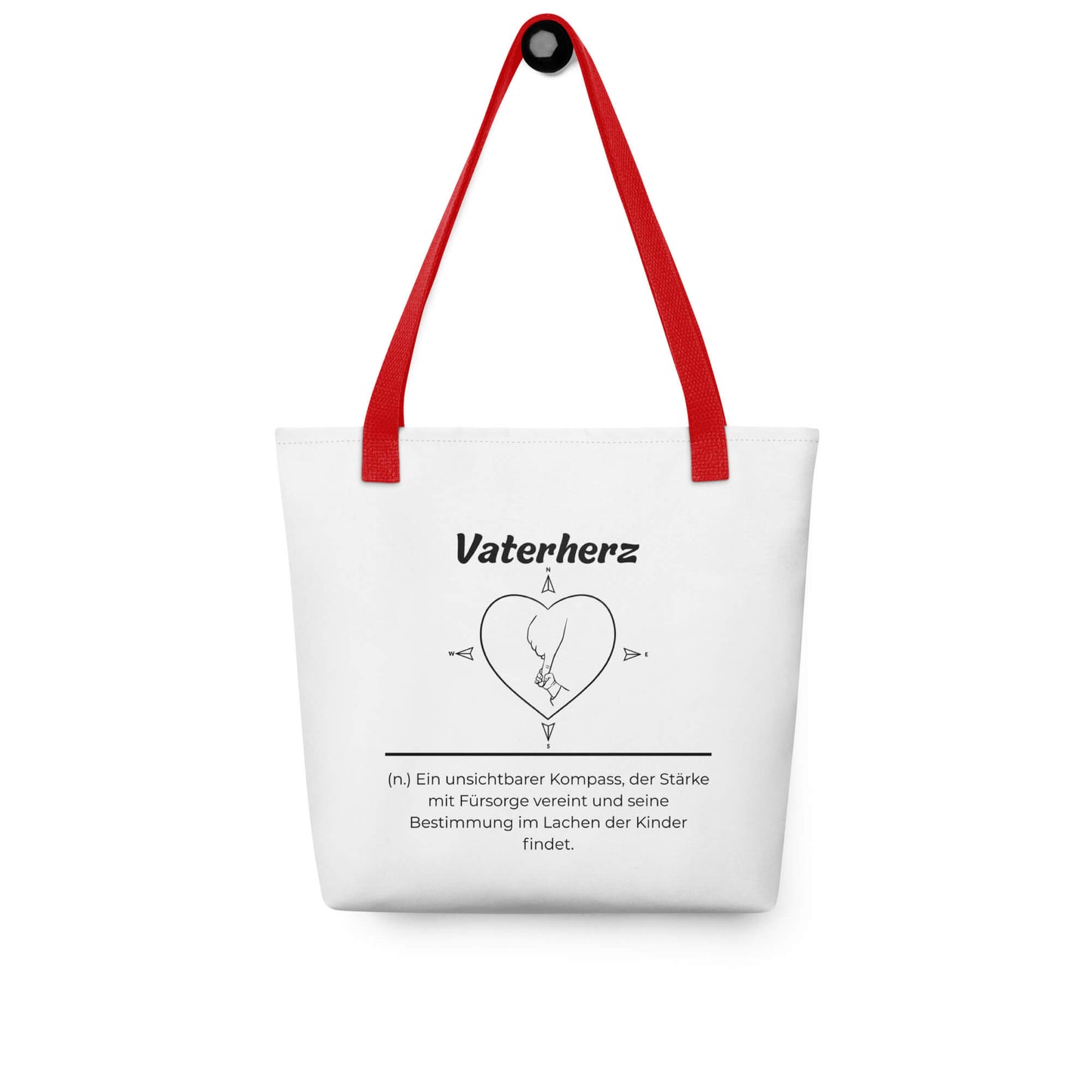 Geschenk Stofftasche - Vaterherz Tasche in Weiß-Rot aus Polyester und Baumwolle - Premium Edition - Frontansicht hängend mit schwarzem Print