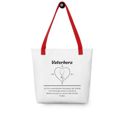 Geschenk Stofftasche - Vaterherz Tasche in Weiß-Rot aus Polyester und Baumwolle - Premium Edition - Frontansicht hängend mit schwarzem Print