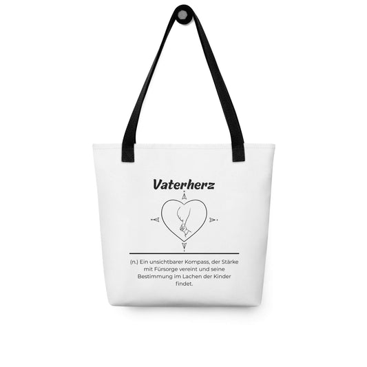 Geschenk Stofftasche - Vaterherz Tasche in Weiß-Schwarz aus Polyester und Baumwolle - Premium Edition - Frontansicht hängend mit schwarzem Print