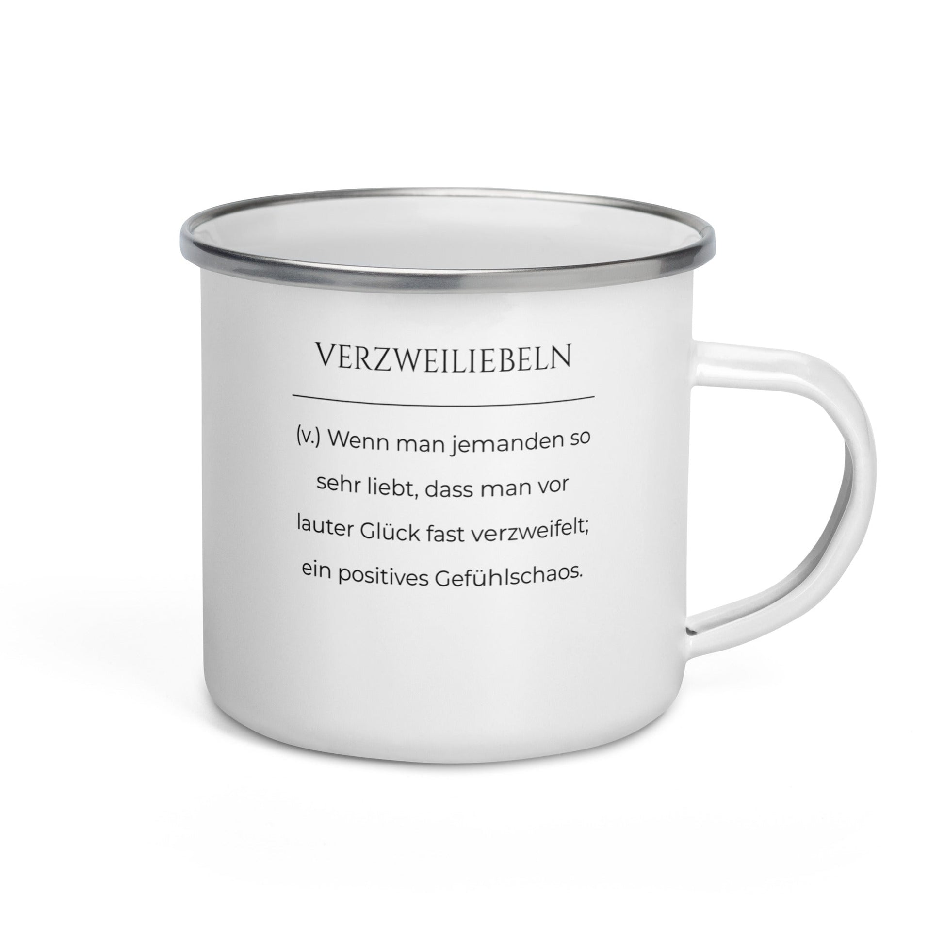 Verzweiliebeln Emailletasse in Weiß - neues Wort für positives Gefühlschaos - Front mit Henkel rechts - Wortstolz Design
