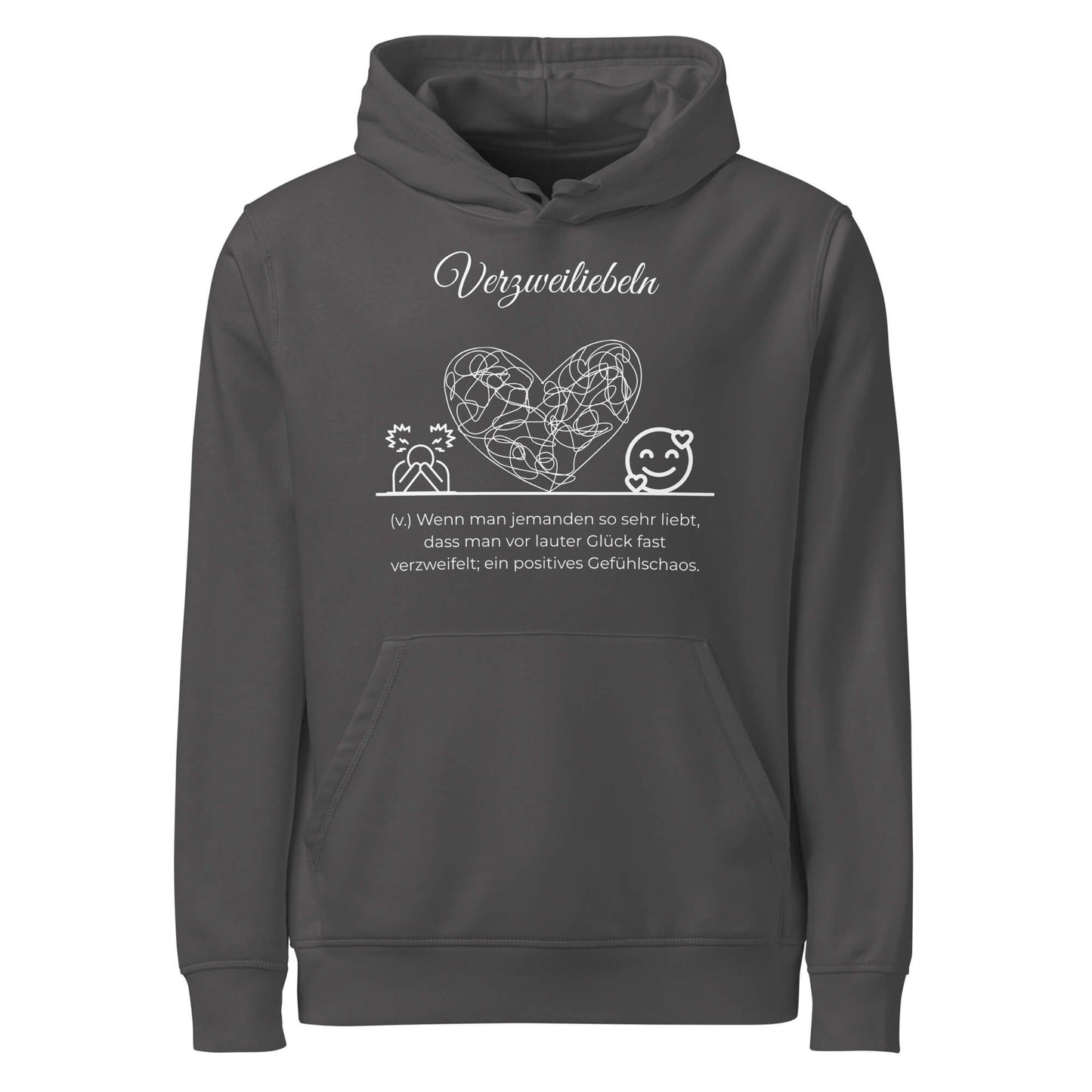 Hoodie mit Spruch - Verzweiliebeln Kapuzenpullover in Anthracite aus Bio-Baumwolle - Res5 Edition - Frontansicht mit weißem Print