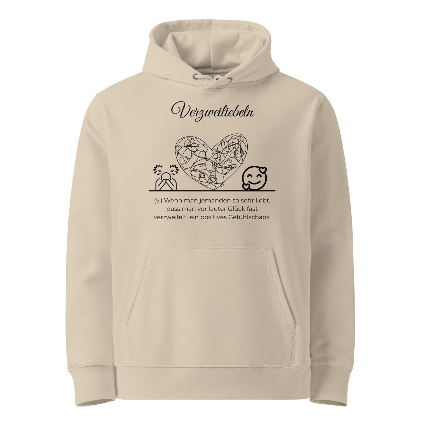 Hoodie mit Spruch - Verzweiliebeln Kapuzenpullover in Desert Dust aus Bio-Baumwolle - Premium Edition - Frontansicht mit schwarzem Print